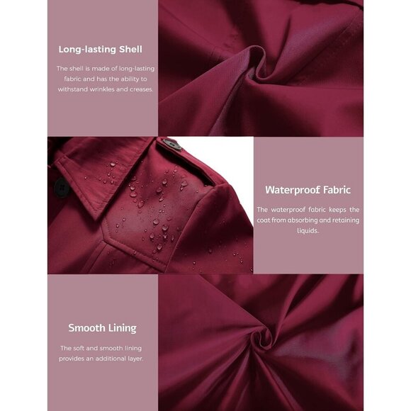 Women's Wine Red Waterproof Trench Coat with Classic Lapel and Belted Design - Picture 6 of 7